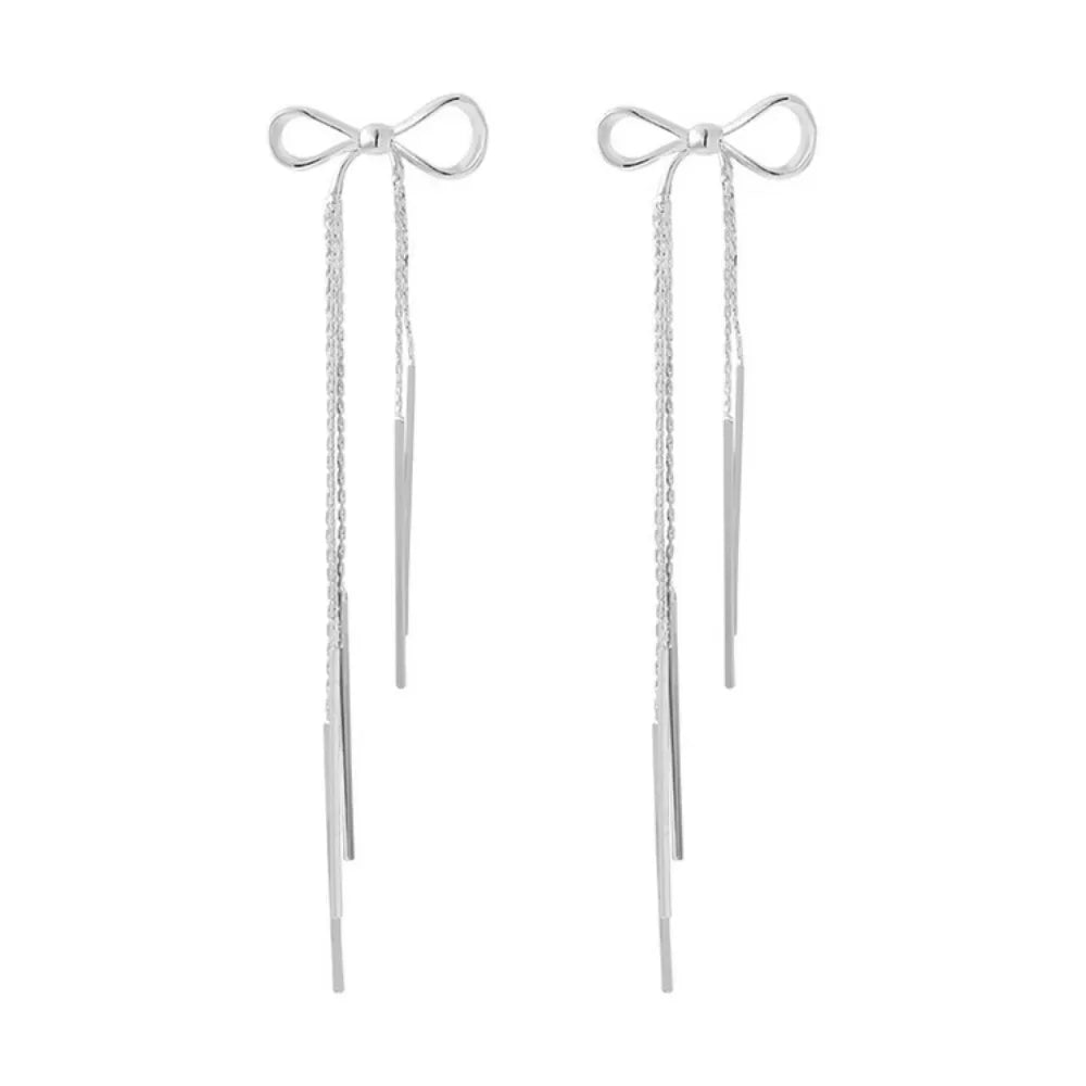 Exquisite Silver Color Ribbon Long Tassel Bowknot Drop Dangle Earrings for Women Charm Stainless Steel Party Jewelry Accessories