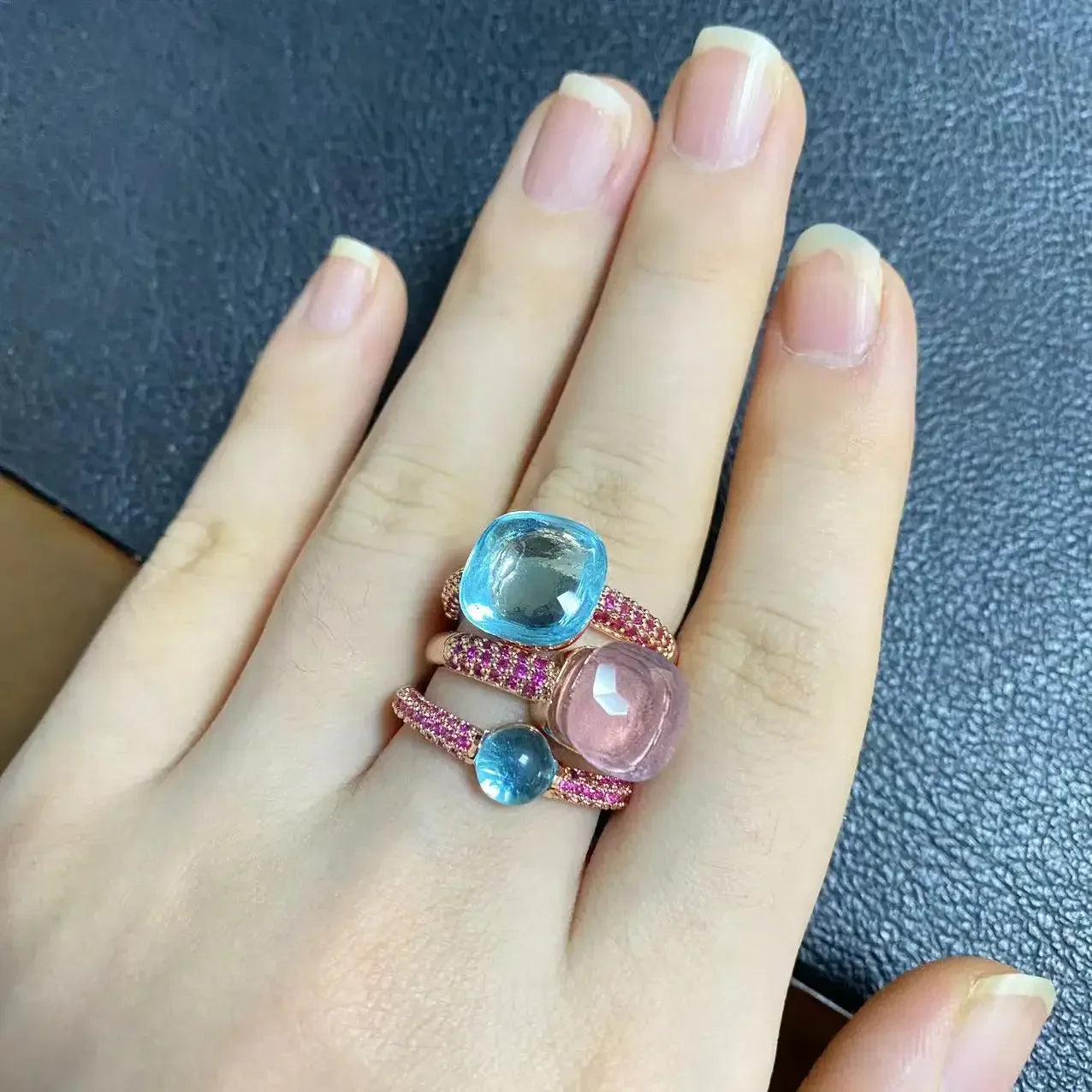 3Pcs/Set Nudo Ring Stacking Set for Women Mix Color Candy Crystal Inlay Zircon Amethyst Blue Topaz Round Jewelry Gift