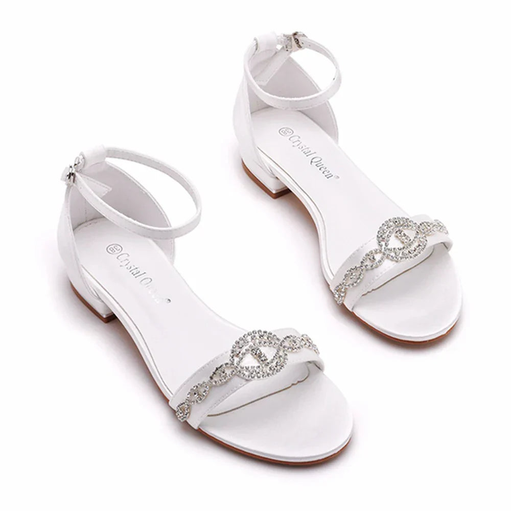 Summer new 2-cm square-heeled silk ribbon pearl rhinestone low-heeled wedding shoes beaded lace-up flat large-size women sandals