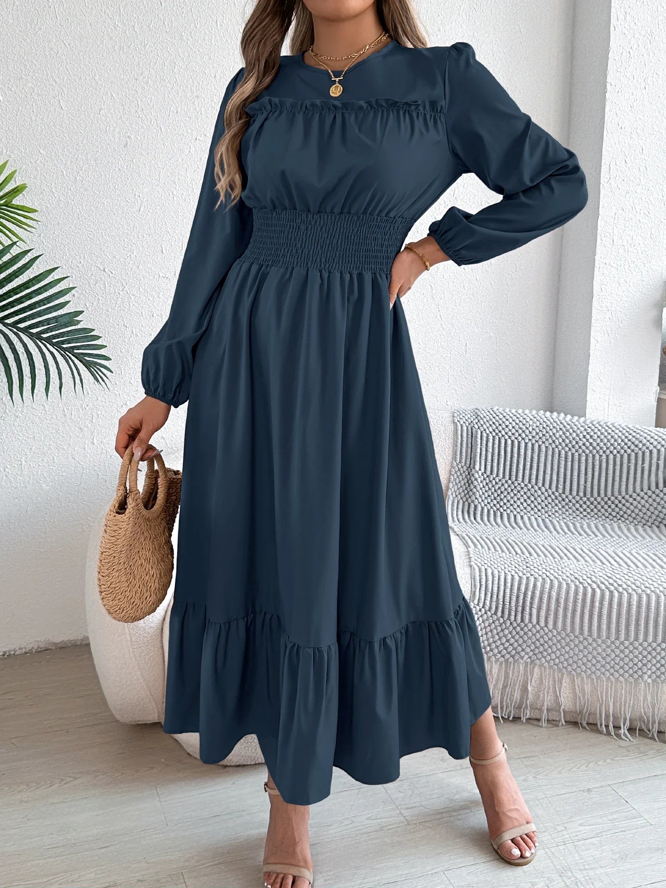 Autumn and Winter Casual Elegant Solid Color Round Neck Long Sleeved Waist Cinched Lotus Leaf Edge Dress Women Clothing