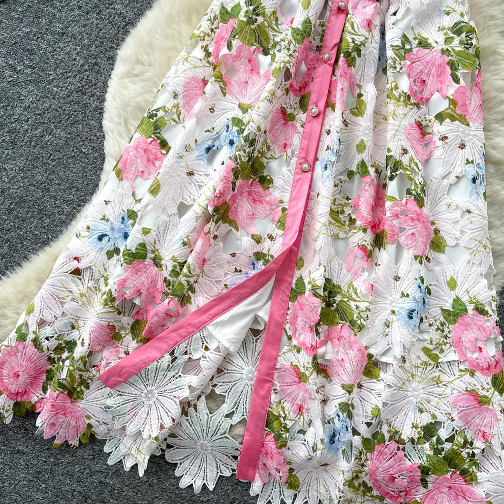 Embroidery Flower Vacation Dress French Style Blet Lapel Slim High Quality Hollow Out Ladies Elegant A-line Long Dress
