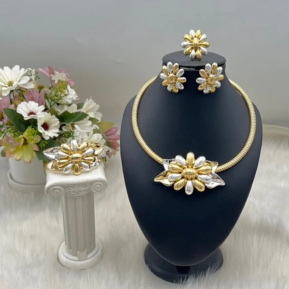 Dubai Gold Plated Necklace Earring Ring Bracelet Sets for Women Copper Vintage Flower Shape Jewelry Set for Party Wedding Gifts