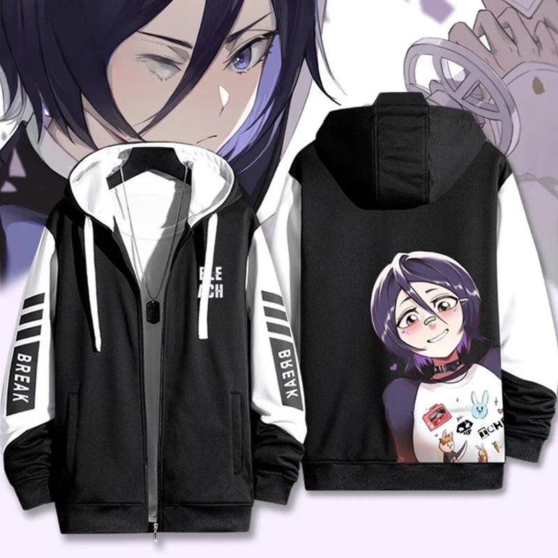 Anime Bleach Kuchiki Rukia 3D Print Zip Up Hoodie للنساء والرجال ملابس الشارع سترة هيب هوب تأثيري الأولاد والبنات سويت شيرت بسحاب بغطاء للرأس