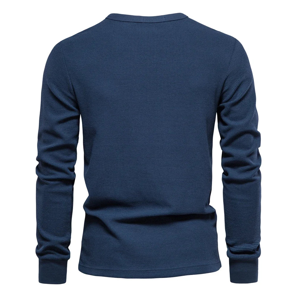 Waffle Cotton Solid Color Men Tshirts Single Pocket Long Sleeve Tee Shirts for Men New Spring Basic Breathable Tops Men
