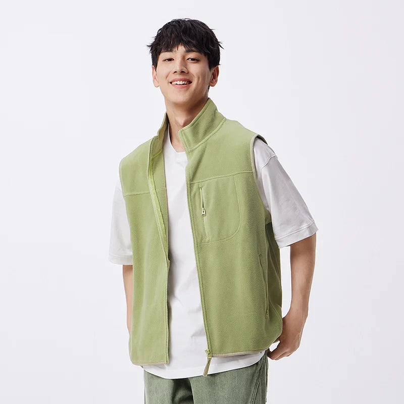 Vest Men Anti-Static Fleece Coat New Autumn 2024 Warm Collar Lining Solid Color Versatile Top