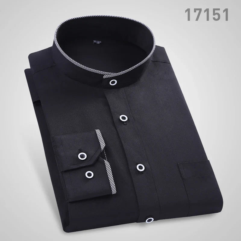 Men's stand up collar shirt classic round neck slim fit vertical collar long sleeved white shirt