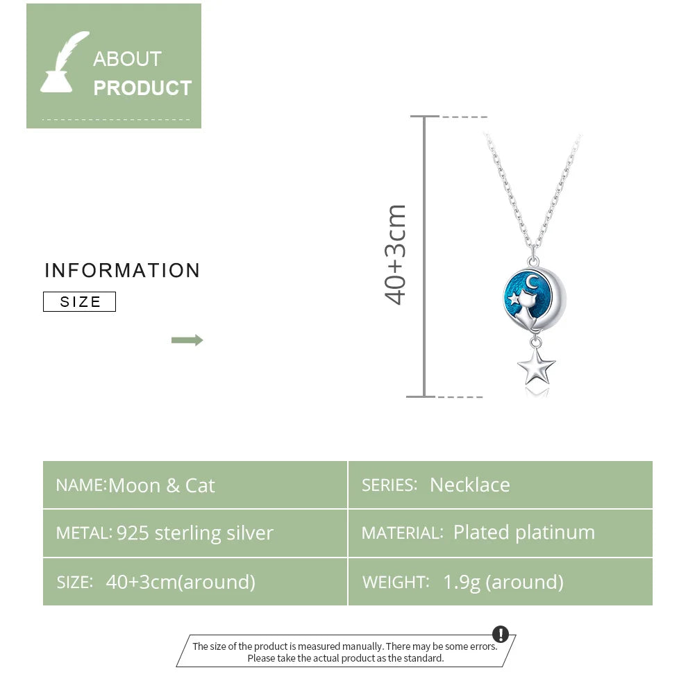 Genuine 925 Sterling Silver Blue Enamel Moon & Cat Pendant Necklace Star Neck Chain for Women Gift Fine Jewelry SCN422