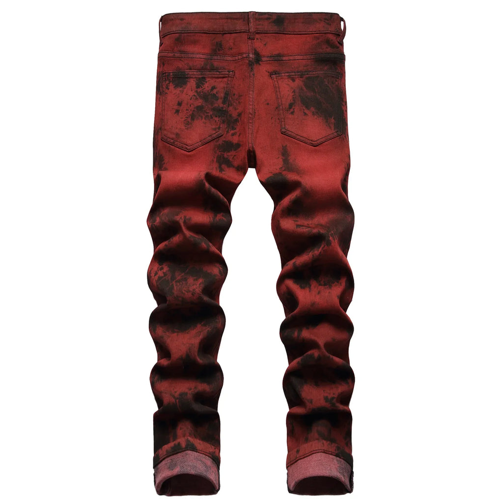 Mens Jeans High Quality Slim Tie dye Snow Wash Brick Red Denim Straight Pants
