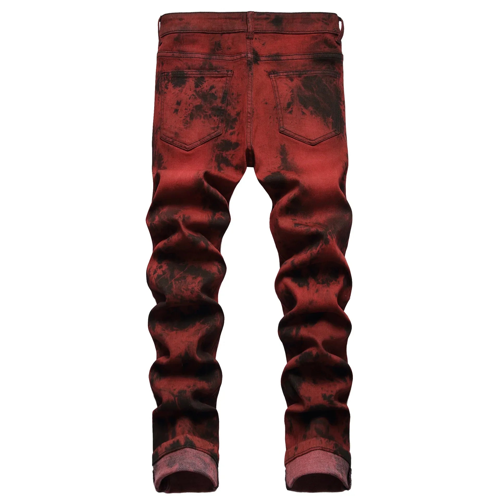 Mens Jeans High Quality Slim Tie dye Snow Wash Brick Red Denim Straight Pants