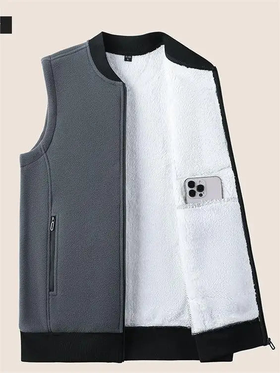 Men Winter Vest Sleeveless Stand Collar Solid Color Fleece Thick Keep Warm Plus Size Neck Protection Winter Waistcoat for Daily