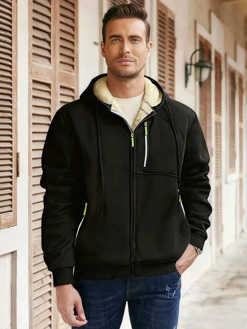 Men's Winter Warm Sherpa Plush Lined Jacket Casual Zip Up Hooded Coat with Zipper Pockets Male Fleece Outerwear Outfits Tops