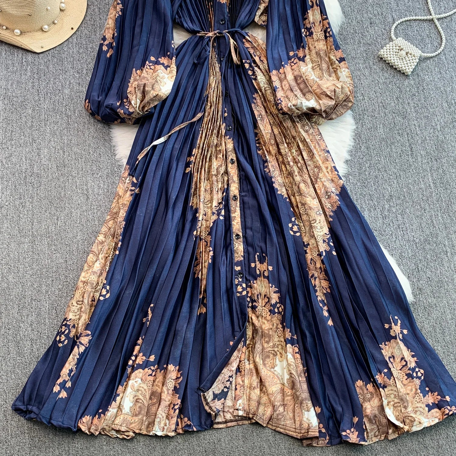 Printed round Ne Lantern Sve Dr Women's Single Button Waist Cinch Maxi Skirt Long Dr Commute Sle Autumn