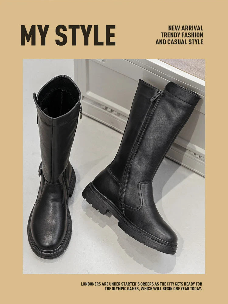 Size 38-46 Men's Fashionable High-Top Leather Boots Genuine Cowhide Shoes Side Zipper Thick-Sole Cowboy Boots for Everyday Wear