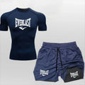 Men's Compress Shirt + 2-in-1 sports shorts 2pcs Set Leisure Breath Short Sleeve Sport Jogging Gym Brand Print Clothing