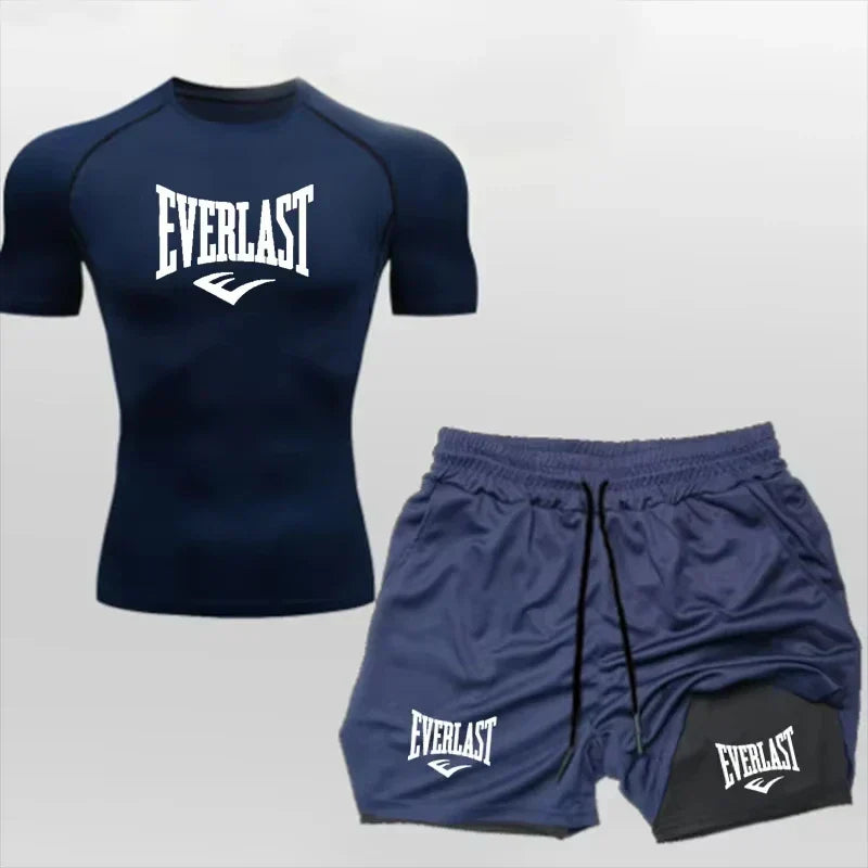 Men's Compress Shirt + 2-in-1 sports shorts 2pcs Set Leisure Breath Short Sleeve Sport Jogging Gym Brand Print Clothing