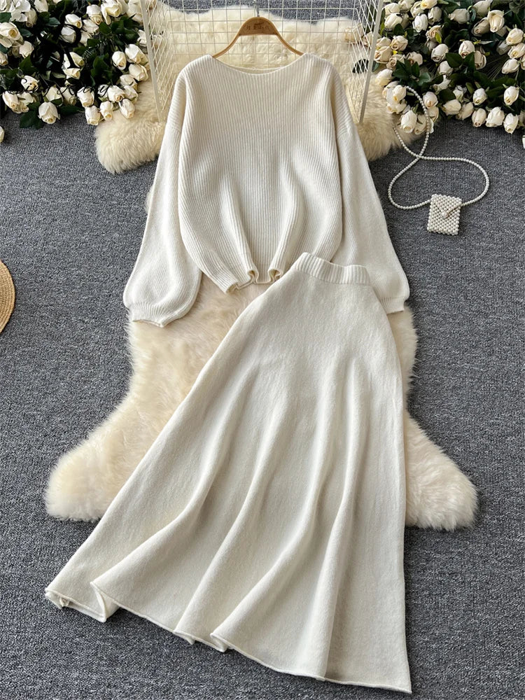 Autumn Casual Two Pieces Sets Women O-Neck Loose Knitting Top+Elastic Waist Large Swing Skirt Basic Korean Winter Sets