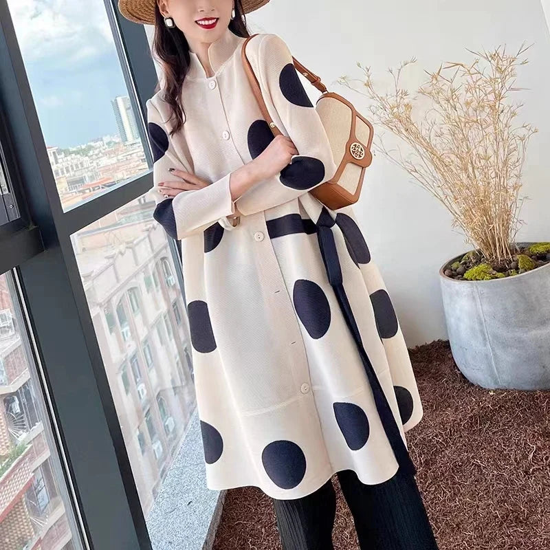 Pleated Dot Printing Dress 2025 Autumn Single Breasted Plus Size Drawstring Elegant Streetwear Festival Women Clothing