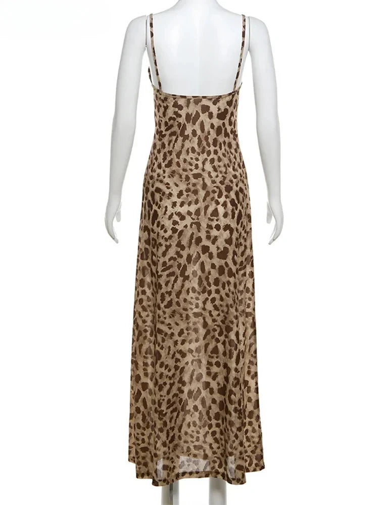Leopard Print Dress Woman Summer Sexy Swing Collar Spaghetti Straps Backless Ruffles Party Clubwear Skinny Vestidos