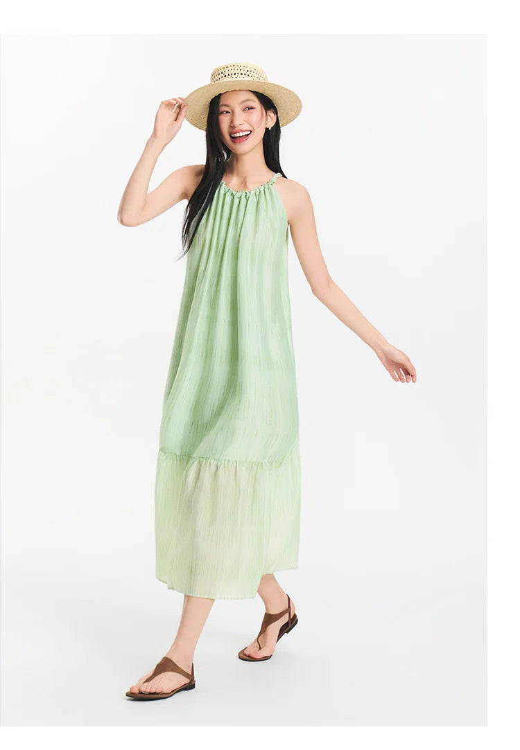 Women Dress Bowknot Textured Halter Neck Vacation A Line Maxi 2026 Summer Romantic Fresh Elegant Soft Comfy Holiday Top