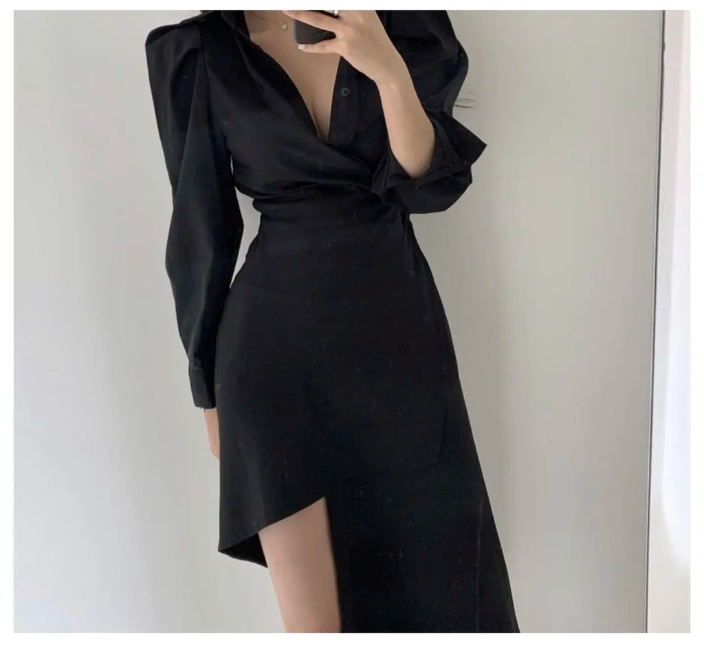 Early Autumn Shirt Dress Women's Mid-Length Asymmetrical Single-Button Notch Collar Slimming Style Commute Fashion