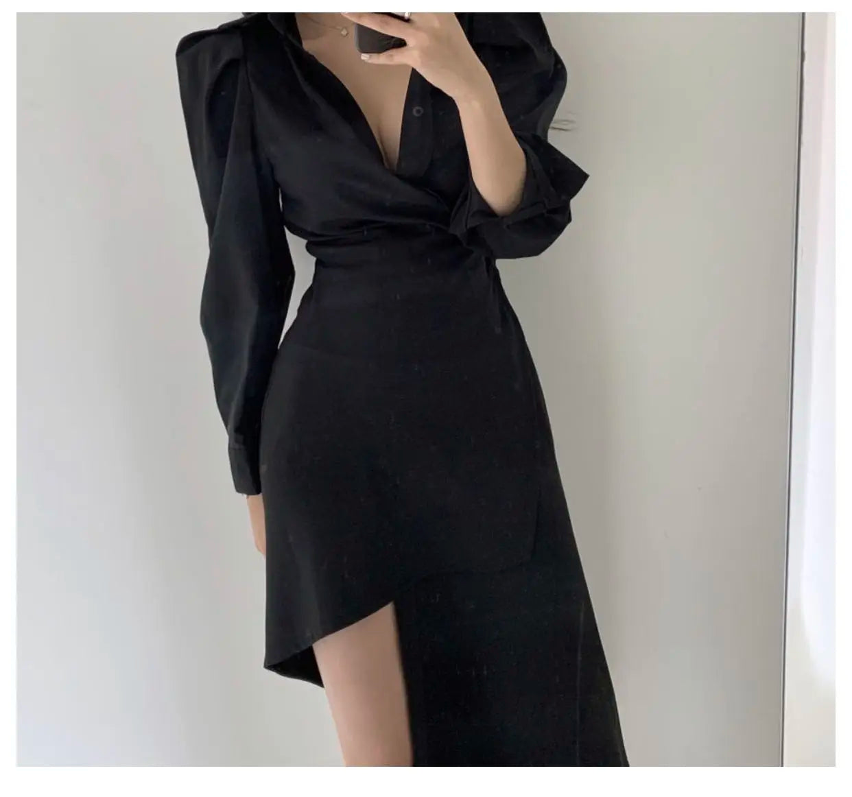 Early Autumn Shirt Dress Women's Mid-Length Asymmetrical Single-Button Notch Collar Slimming Style Commute Fashion