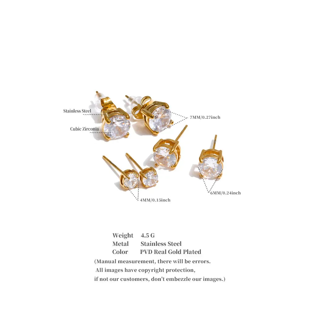 1Set High Quality Shiny Cubic Zirconia Round Stud Earrings Daily Stainless Steel Versatile Premium Jewelry Party Gift