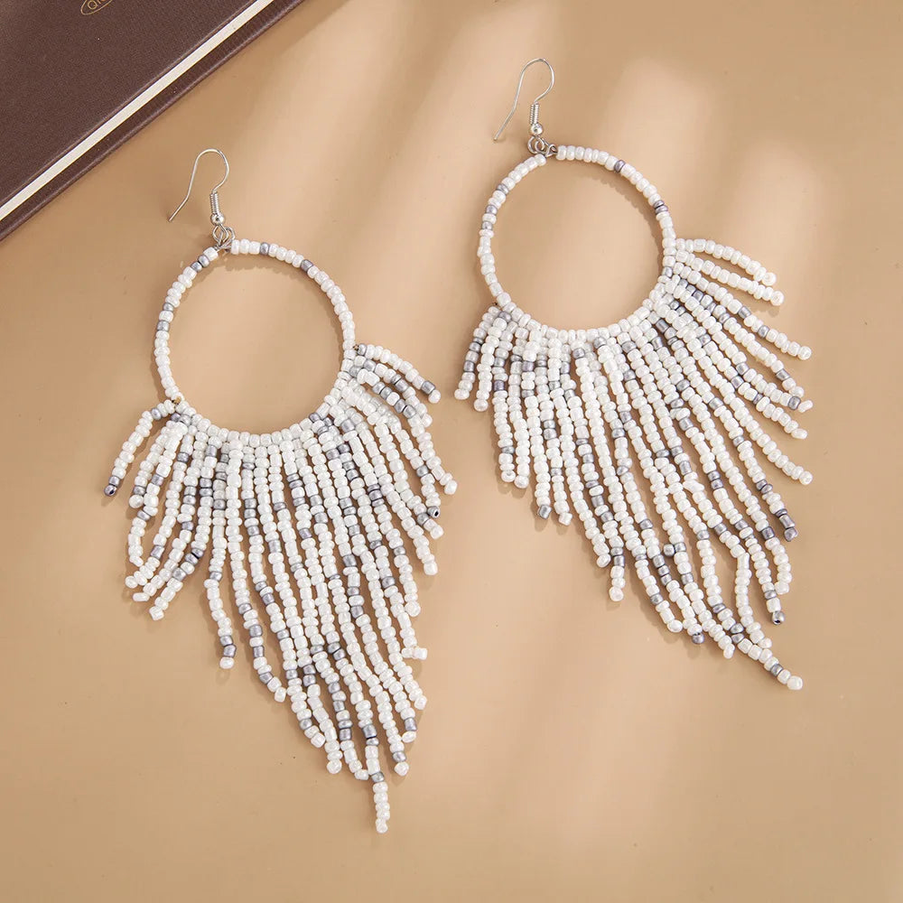 White Rice Beads Earrings For Women Retro Boho Tassels Water Drop Earrings Exaggerated Ethnic Style Earrings Jewelry