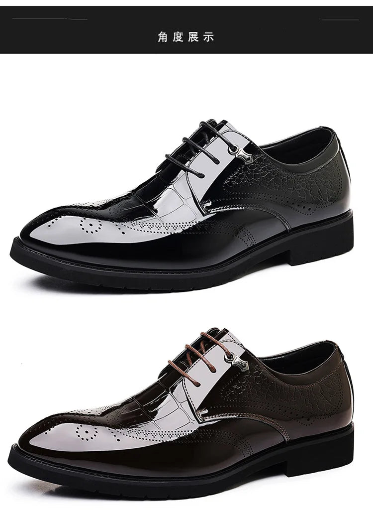 Lace Designer Fashion Business Casual Shoes for Men Spring Summer New Patent Leather Shoes Male Solid Color Wedding Shoe Man