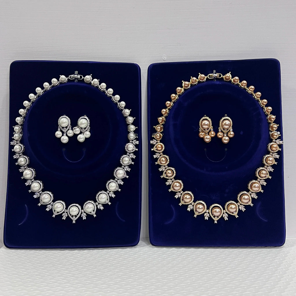 Luxury Round Shape Gold Color Pearl Necklace 2 Pieces Set , Bridal Wedding Dubai Saudi Jewelry for Women's Party