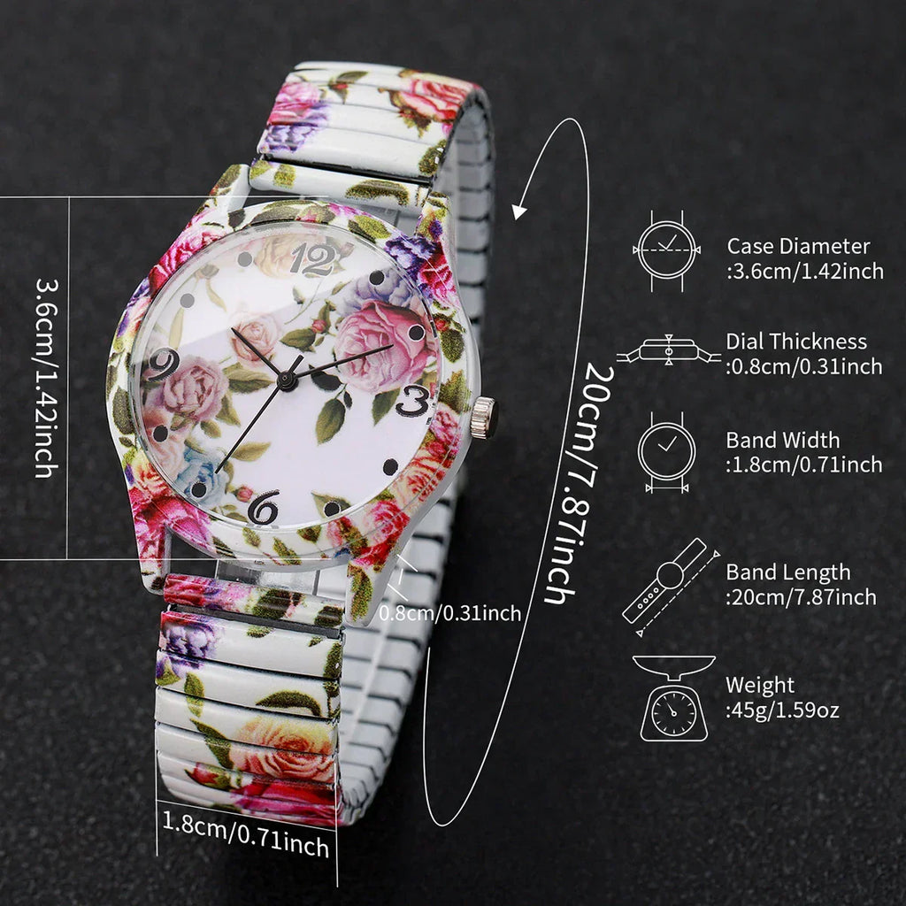 2/3PCS Fashion Flower Printed Women Quartz Wristwatches Set Ladies Casual Elastic Strap Arabic Dial Watch（Without Box）