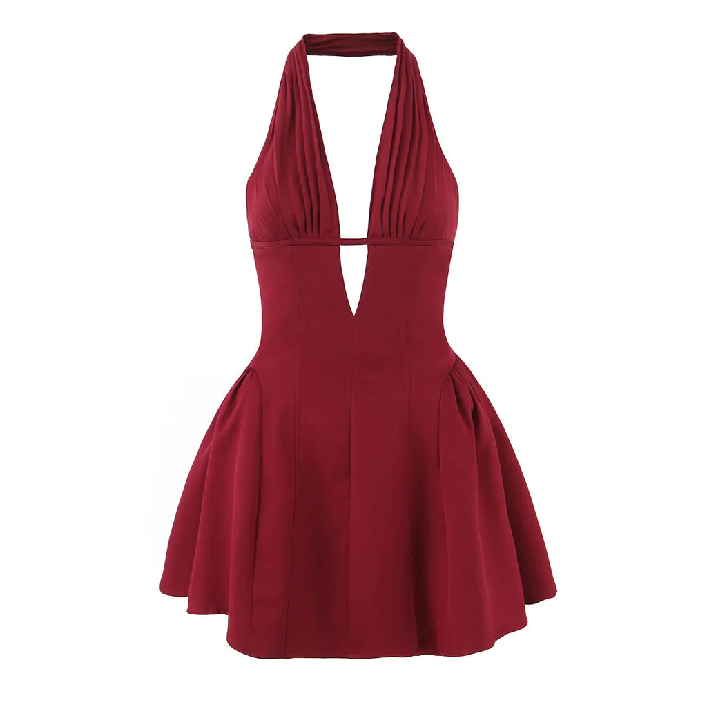 French Style Retro Polka Dot Deep V Halter Dress Women Sexy Backless A-line Slim Sweet Elegant Mini Dresses Summer Robe