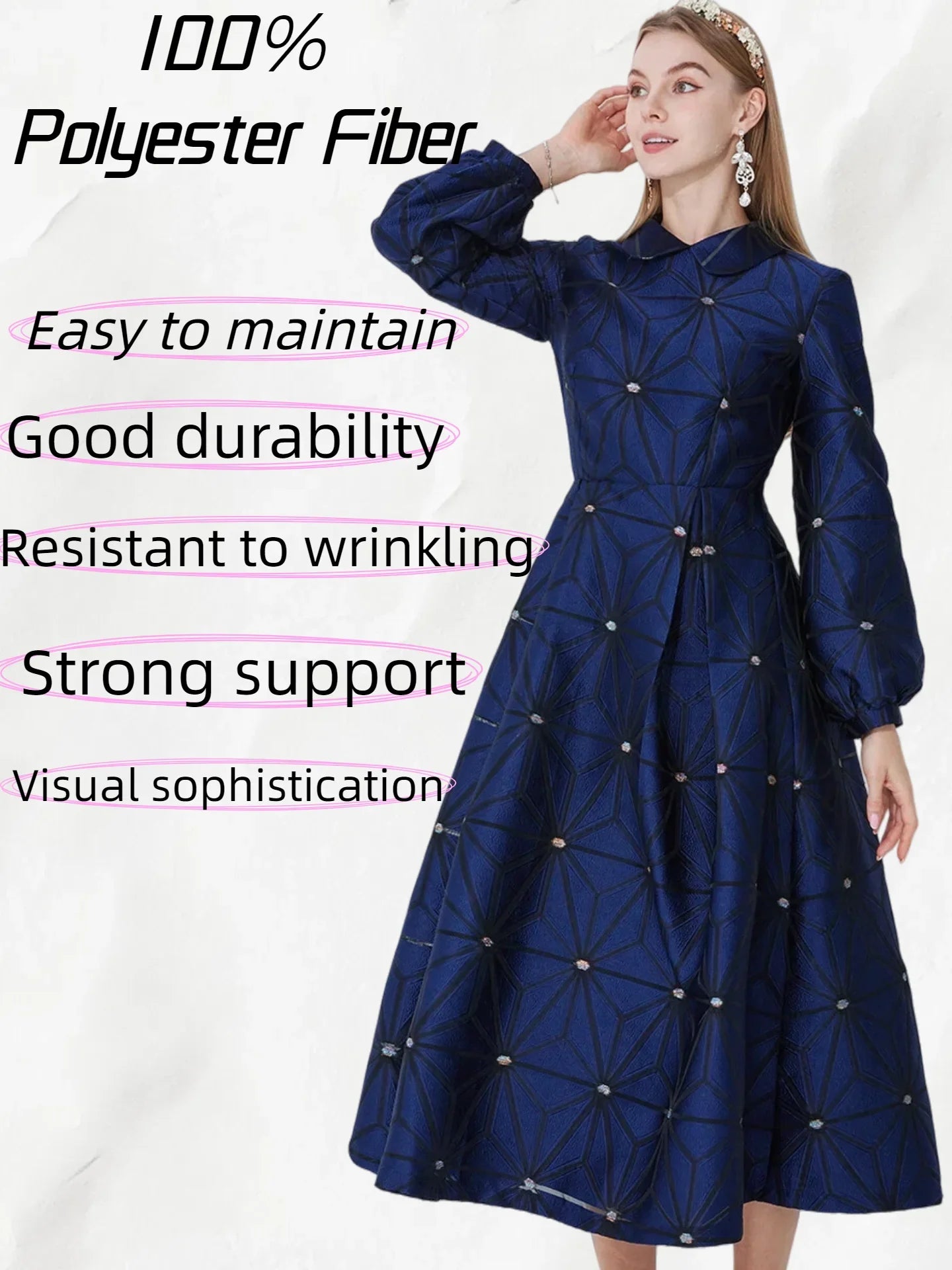 Fall/Winter Turned Collar Lined Sleeve A-Line Silhouette Geometric Heavyweight Jacquard Elegant and Graceful Long Dress