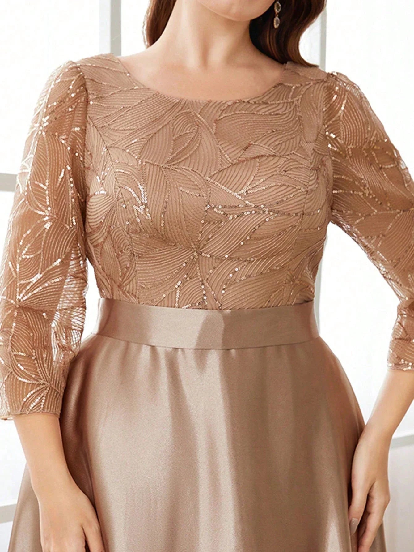 Crew neck long sleeve sequin patchwork satin long gown ball dress