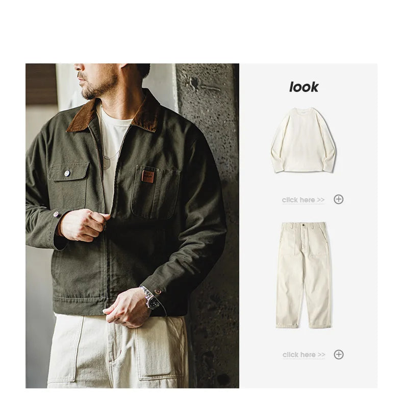 Retro Heavyweight Canvas Detroit Jacket Corduroy Collar Hunting Short Zip-Up Jacket with Pockets Men's Autumn Outerwear