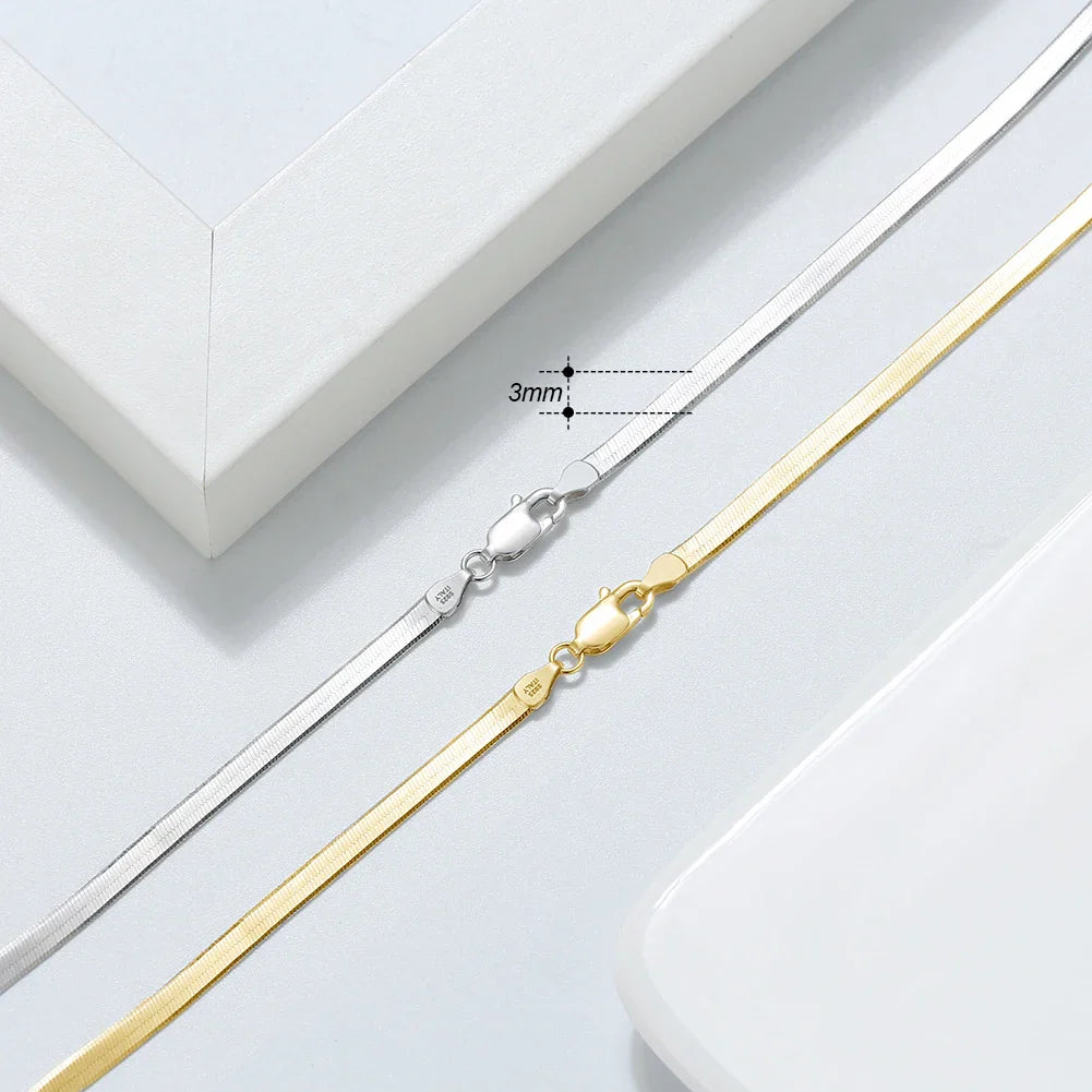 925 Sterling Silver 3mm Gold Flexible Flat Chain Herringbone Snake Chain Necklace for Women Neck Chain Jewelry SC35