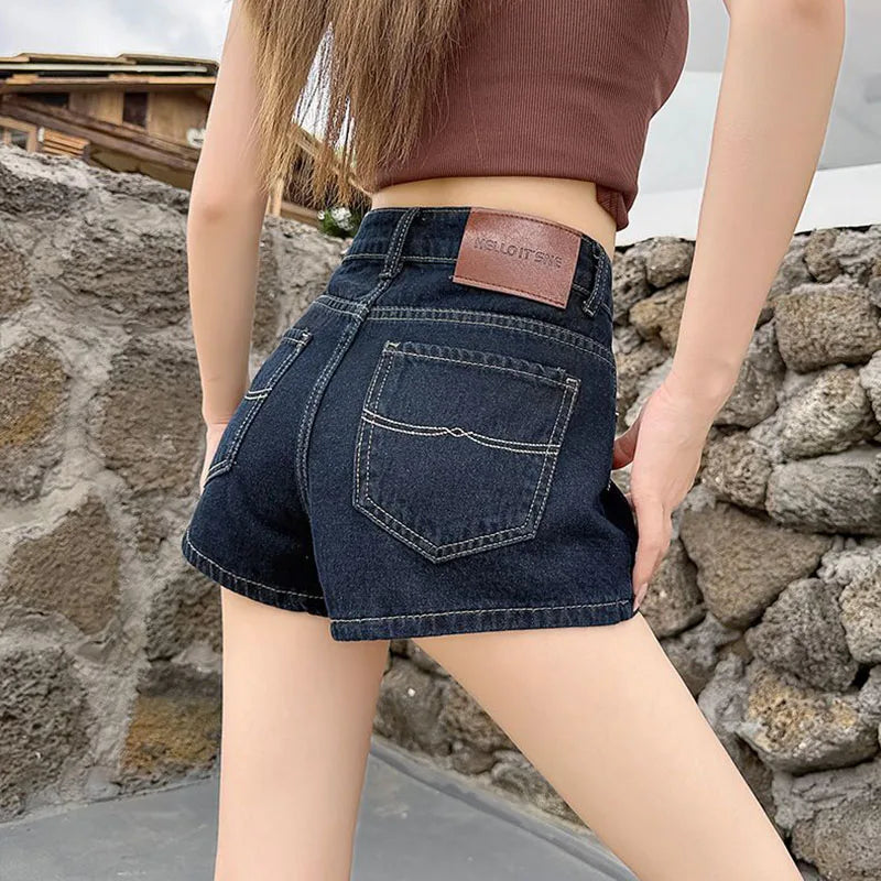 Casual Denim Shorts Women Summer Slim Fit High Waisted Pockets Hot Mini Pants Female Deep Blue Versatile Slimming Short Jeans