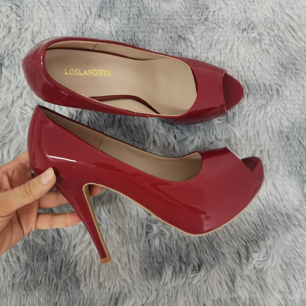 Women Pumps Sexy Open Toe 12cm Thin Heel Platform Patent Leather High Heels Gladiator Party Dress Wedding Shoes