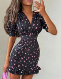 Flora Painted Ruffle Women Elegant Mini Dress Full Sleeve Deep V-neck Slim A-line Vestido 2026 Lady Holiday Street Robes New