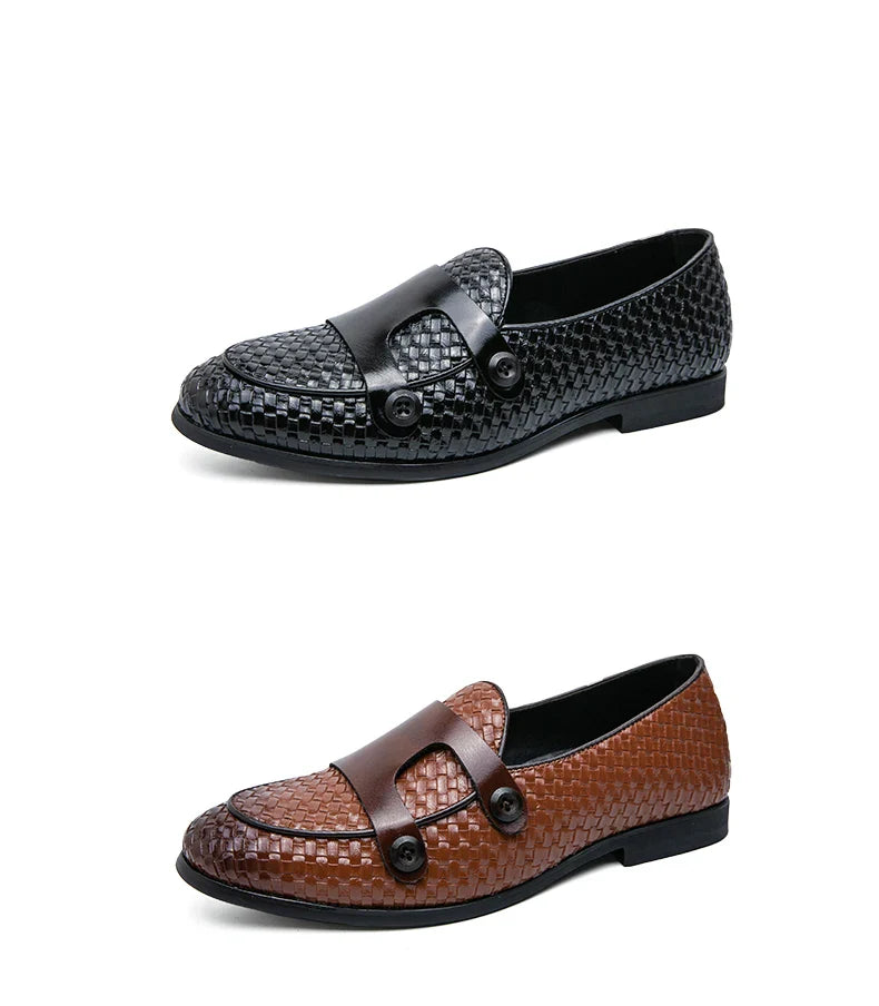 British Style Weave Pattern Microfiber Leather Monk Shoes Mens Buckle Party Wedding Loafers Moccasins Men Driving Flats