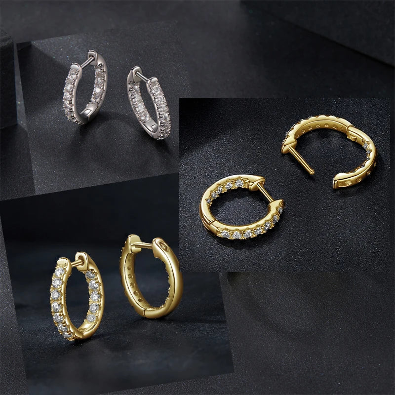 Gold Moissanite Hoop Earrings for Women, 925 Sterling Silver D Color Round Cut Lab Diamond Hypoallergenic Earrings