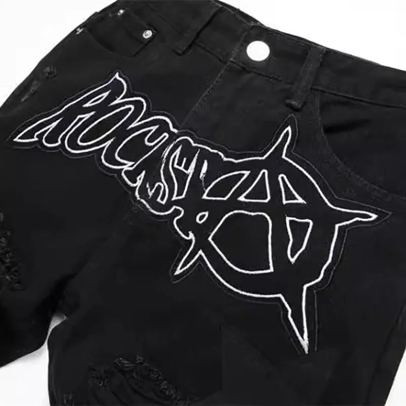 Autumn And Winter Retro Black Ripped Jeans Men'S Straight Leg Pants Pentagram Patch Casual Jeans Pants