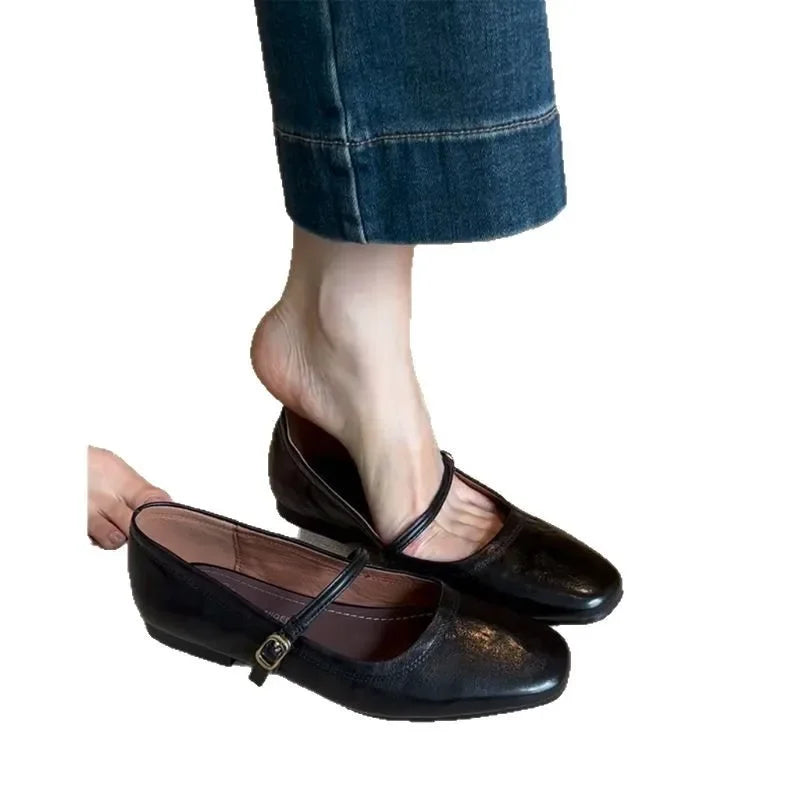 Genuine Leather Mary Jane Shoes Women's Flat Bottom Vintage French Style Slip-On Loafers Low Heel Korean Style Solid Color