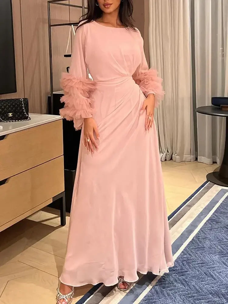 Elegant Solid Color Pleated Waist Party Evening Maxi Dresses