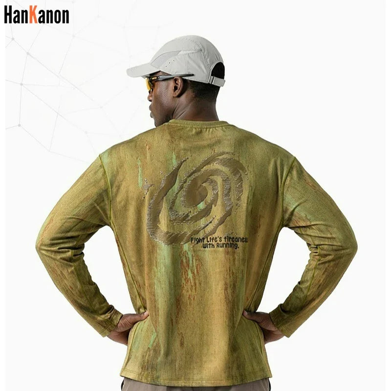 Men's Wasteland Style Long Sleeve T-Shirt - Distressed Digital Print & Loose Elastic Fit Casual Top Unisex