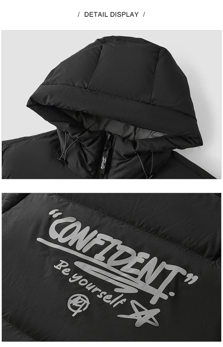 Down Jacket Men Winter 80% Down Fill Loose Hooded Outerwear Textured Street Trendy Letter Printed Top Men'S Clothing