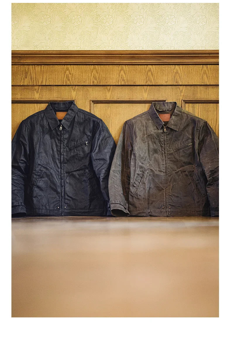 Men's Vintage IV Oil Waxed Canvas Jacket Lapel Zipper Short Outerwear Classic Slim Fit for Men's Spring and Fall Jacket