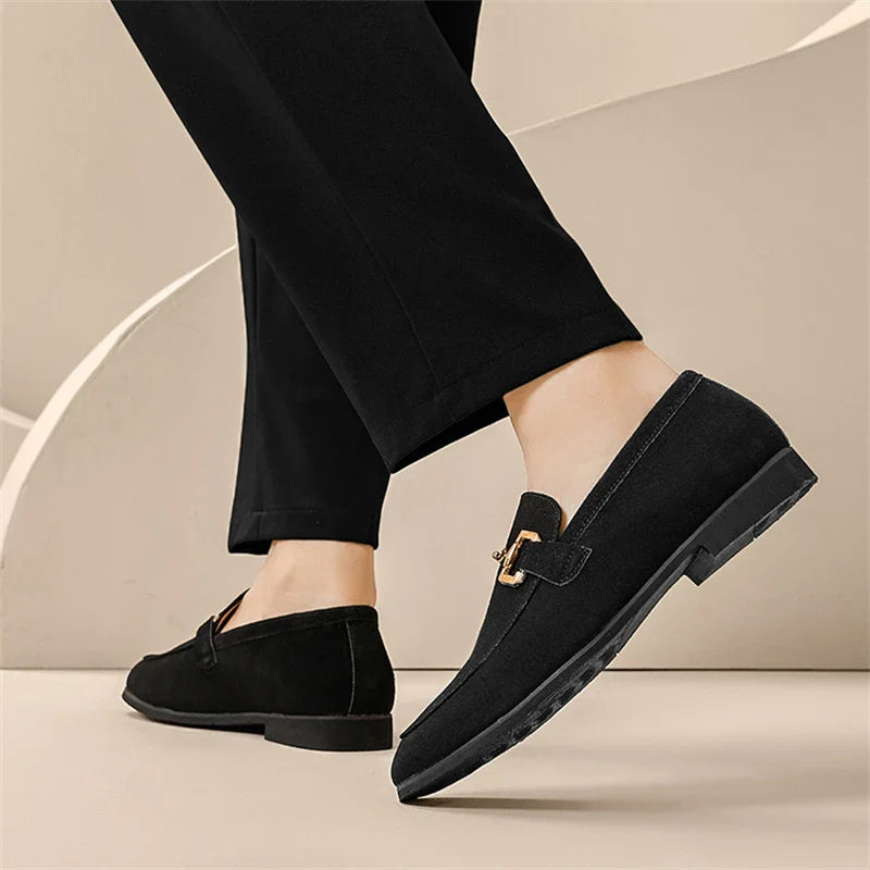 Fashion Brand Men Suede Leather Shoes Black Beige Horsebit Loafers Slip on Formal Mens Dress Shoes Wedding Office Casual Shoes