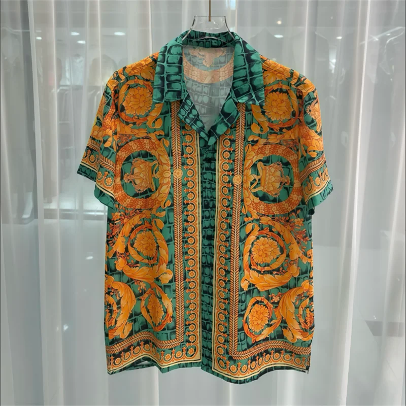 Luxury Royal Short sleeved Shirt for Men's Summer Casual Social Paisley Striped Side Flower Printed Shirt