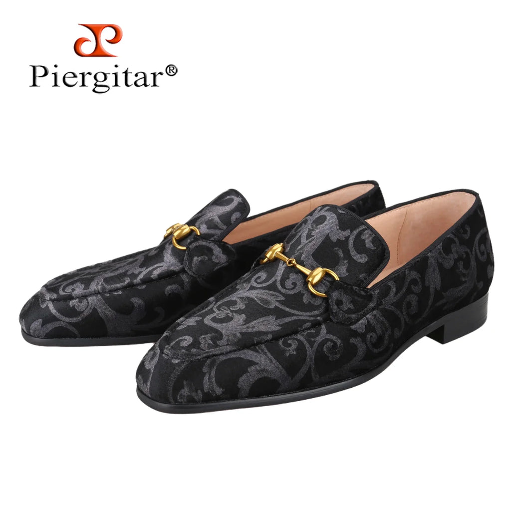 Piergitar Retro Style High-End Custom-Made Baroque Jacquard Velvet Men's Loafers With Horsebit Buckle Slip-On Smoking Shoes