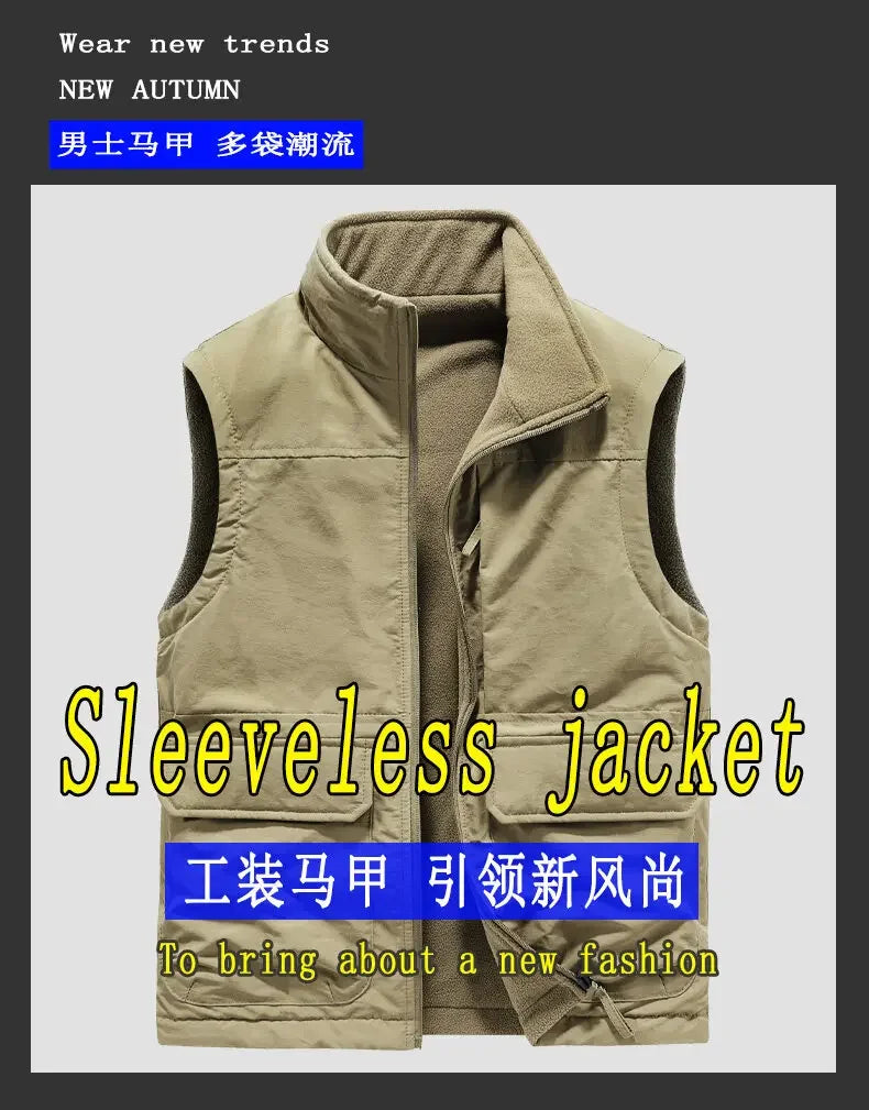 Reversible Sleeveless Jacket Men's Vest Coat Winter Waistcoat Thick Warm Fleece Workwear Tops Cargo Vest Windbreaker New Fashion